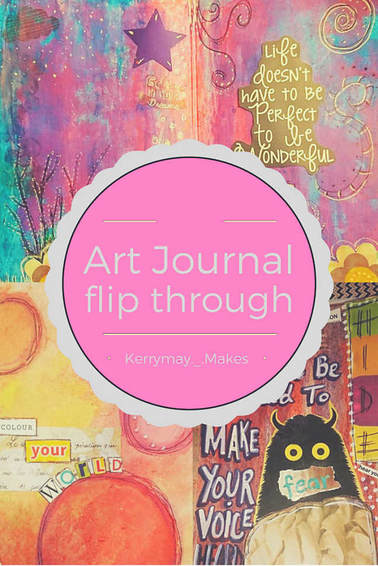 Art Journaling mini flip through of a shared art journal. The journal uses a variety of art techniques such as stamps, distressing pages, watercolour, use of salt, acrylic paint and collage. Kerrymay._.Makes