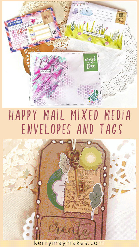 Happy mail ideas and inspiration for creating mixed media decorative envelope art and tags using watercolour and scrapbook embellishments from the April Lollipop Box kit. #happymail #envelopeart #mixedmediatags