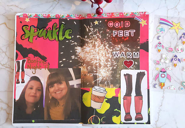 Bonfire Night themed memory keeping page in my creative journal. I have used the October collage sheets and printables from Mrs Brimbles Patreon page - Kerrymay._.Makes