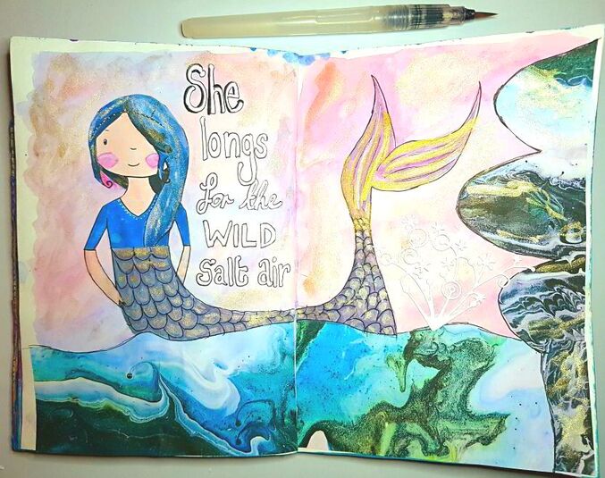 Art journal process of creating a mermaid art page using watercolour and collage sheets from Mrs Brimbles patreon. Kerrymay._.Makes