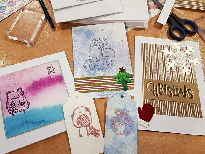 A variety of handmade Christmas cards using paper from the Lollipop Box Club's November box and from a recent stamping workshop at the Mama Makes Christmas get together. I have also made a lovely watercolour card and some festive wrapping and envelopes.