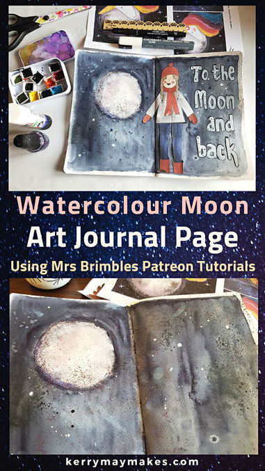 Beautiful art journal page of a watercolour moon in a Wintery theme using Anna Brims Patreon goodies #artjournalpage #artjournalinspiration #artjournalideas