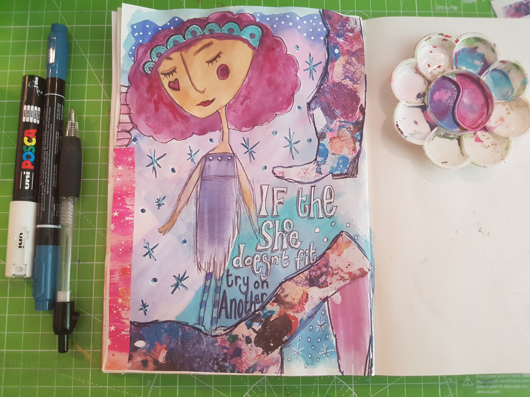 Art Journaling process, creating a page in a zetti art style using collage elements and sketchy girls using Mrs Brimbles Patreon Resources - Kerrymay._.Makes