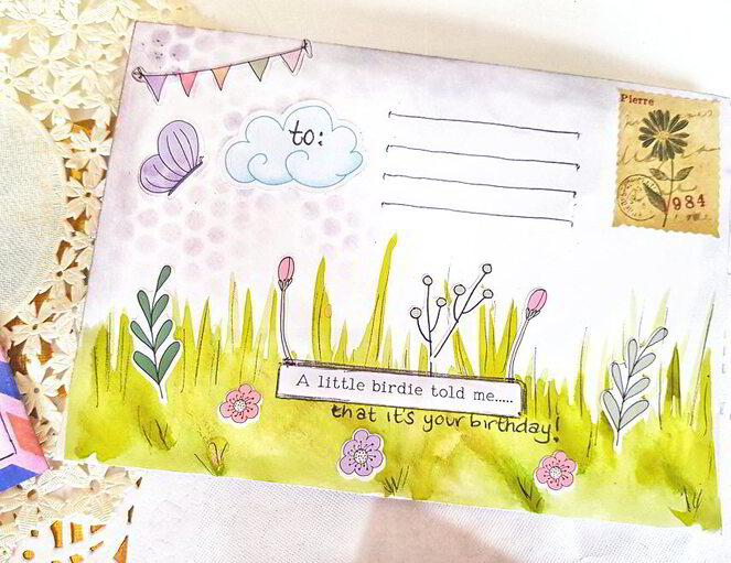 Happy mail ideas and inspiration for creating mixed media decorative envelopes and tags using watercolour and scrapbook embellishments from the April Lollipop Box kit.