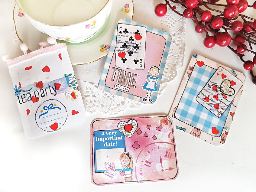 Make Your Own Alice's Tea Party Journal Cards using the embellishments and cardstock. I have used scrapbook resources from the Lollipop Box Club kit. to create a variety of journaling cards. 
