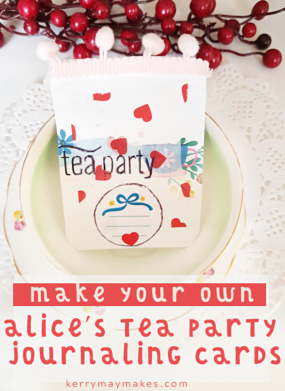 Make Your Own Alice's Tea Party Journal Cards using the embellishments and cardstock. I have used scrapbook resources from the Lollipop Box Club kit. to create a variety of journaling cards. #journnalingcards #journalcards #alicethemedcards