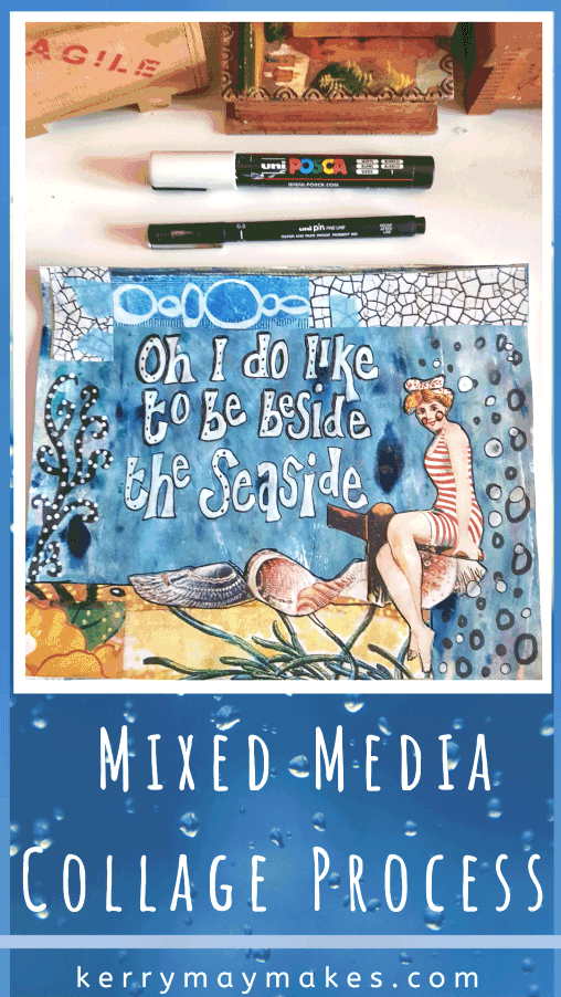 Mixed Media Art Journal Collage process. I used a gelliplate background for the page and went with a vintage seaside spread. #artjournal #artcollage #vintagecollageart 