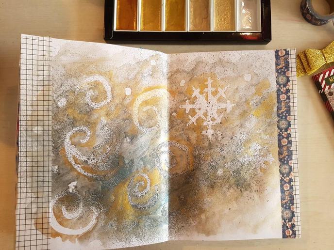 Using drawing gum as a resist on top of Prima Spray Mist and using Gansai Tambi Starry Colours gold watercolour, the effect is berautiful. Includes a video tutorial. Kerrymay._.Makes
