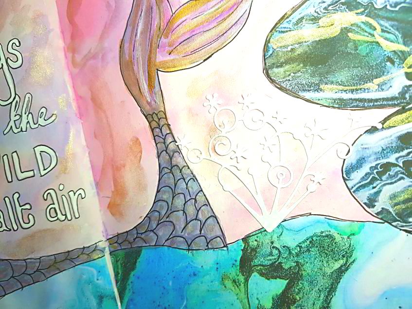 Art journal process of creating a mermaid art page using watercolour and collage sheets from Mrs Brimbles patreon. Kerrymay._.Makes