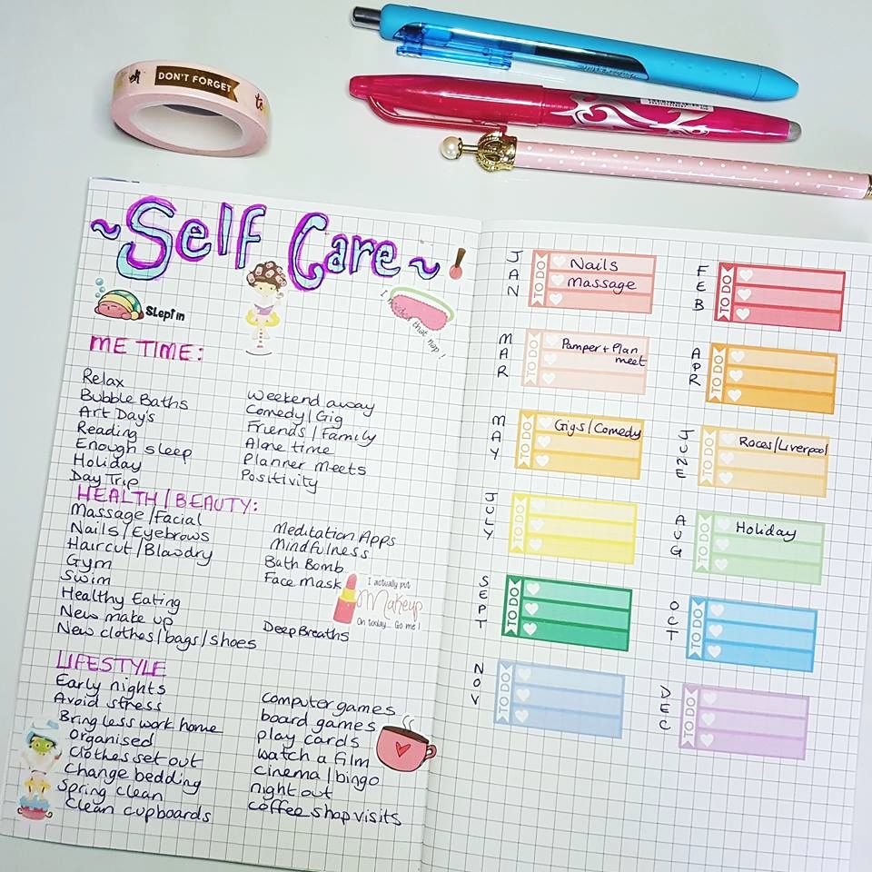 Bujo self care spread ideas and free printable in my Bullet Journal to help remind me to make time for at least 3 self care things for myself a month, includes a free self care printable tracker #bulletjournal #selfcare #bujoselfcare Kerrymay._.Makes
