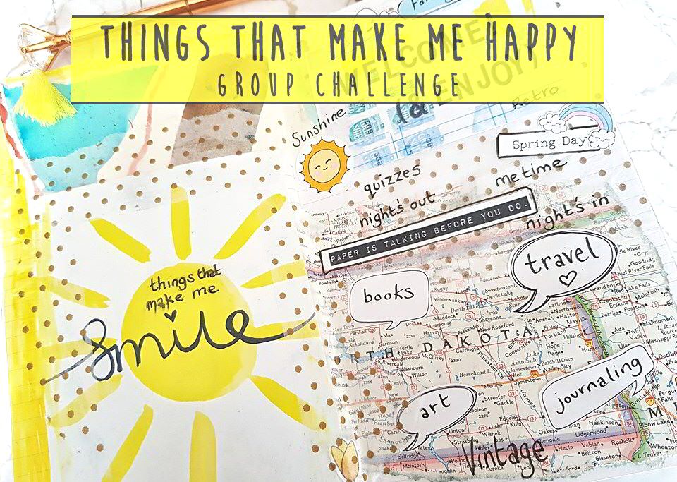 A fun journaling challenge to create either an art journal page, scrapbook layout or a creative journal page on the theme of 'things that make me happy'. A collab challenge with the Lollipop Box Club. #artchallenge #scrapbookchallenge #artjournal #artjournaling
