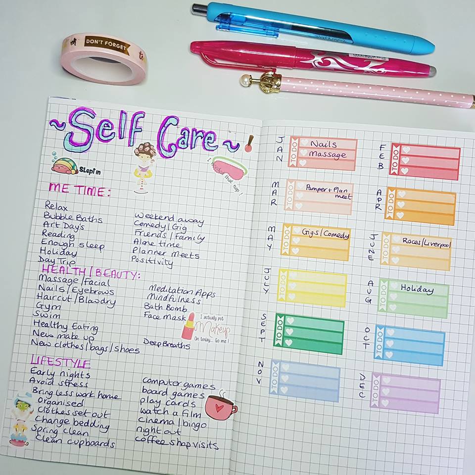 bullet journal page ideas, bullet journal weekly spread, Bujo self care spread ideas and free printable in my Bullet Journal to help remind me to make time for at least 3 self care things for myself a month, includes a free self care printable tracker #bulletjournal #selfcare #bujoselfcare Kerrymay._.Makes