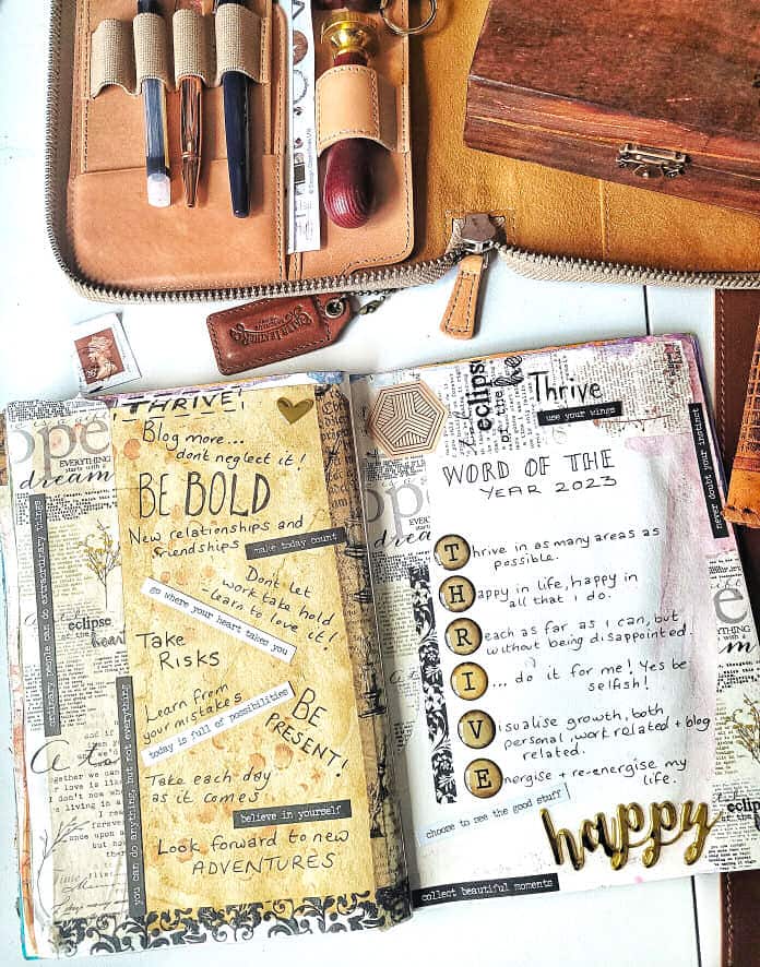 Word of the Year 2023. I have create a vintage journaling page / junk journal spread for my word: Thrive. 